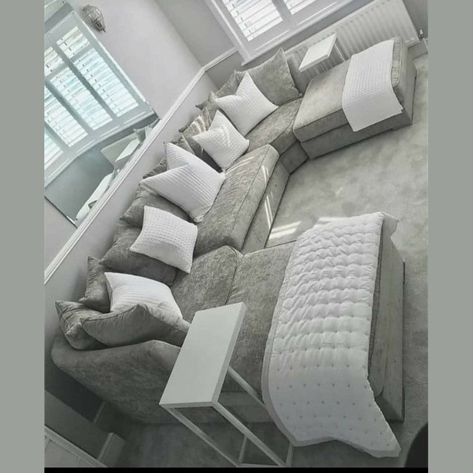 Bishop U Shape Corner Sofa Luxe Chenille Silver Scatter Back